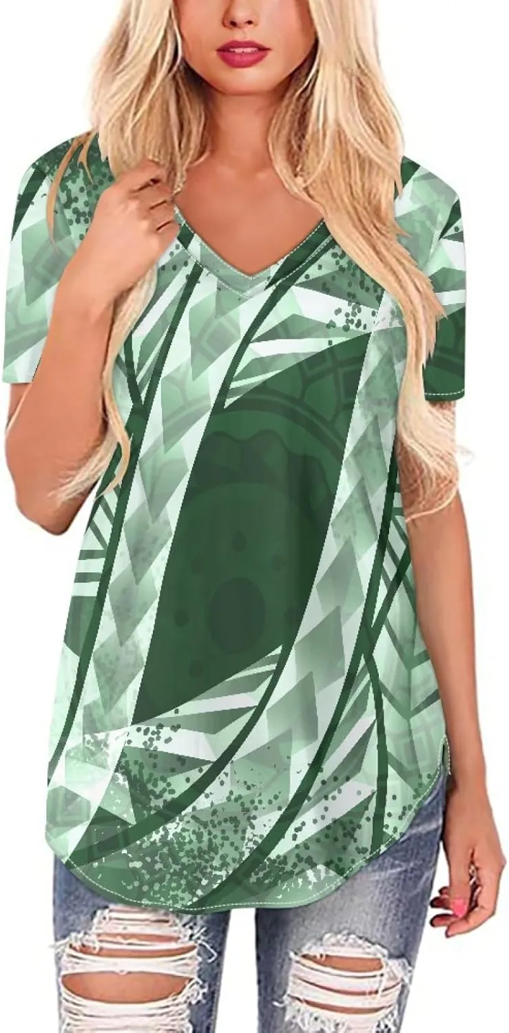Womens Summer Tight Shirts Polynesian Tapa Printed Short Sleeve V Neck Casual T-Shirts