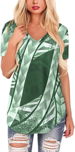 Womens Summer Tight Shirts Polynesian Tapa Printed Short Sleeve V Neck Casual T-Shirts