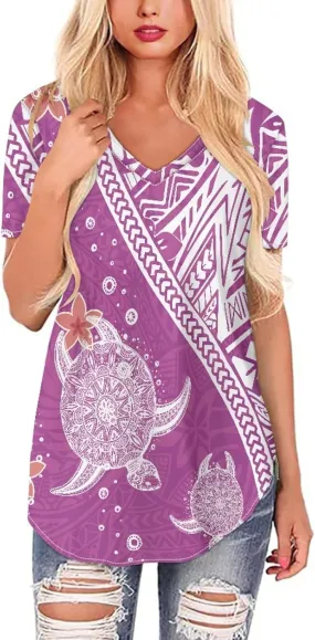 Womens Summer Tight Shirts Polynesian Tapa Printed Short Sleeve V Neck Casual T-Shirts