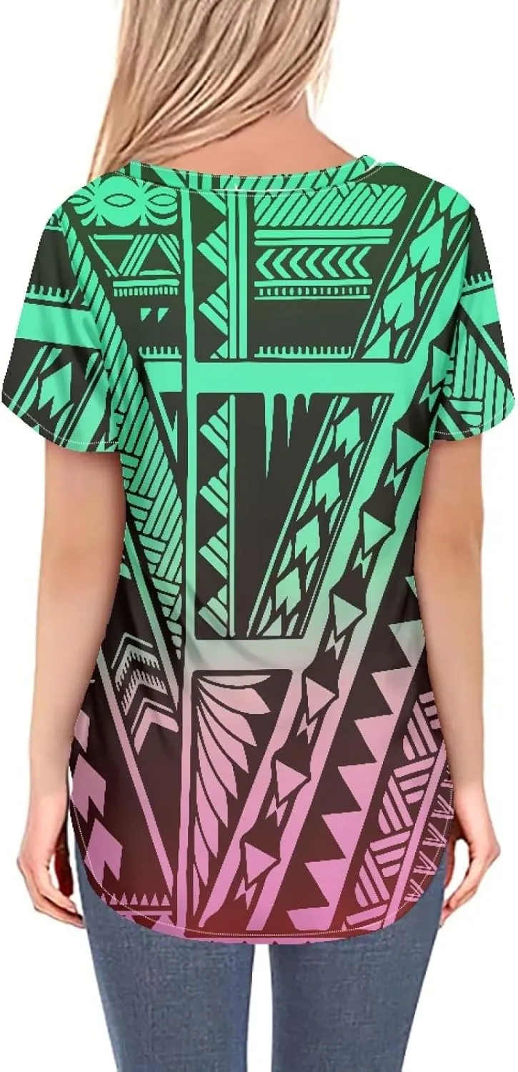 Womens Summer Tight Shirts Polynesian Tapa Printed Short Sleeve V Neck Casual T-Shirts