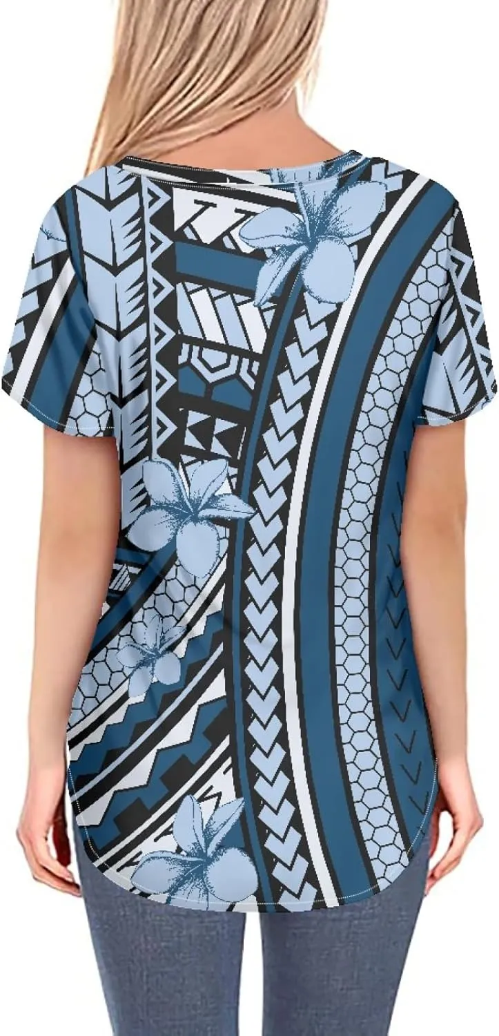 Womens Summer Tight Shirts Polynesian Tapa Printed Short Sleeve V Neck Casual T-Shirts