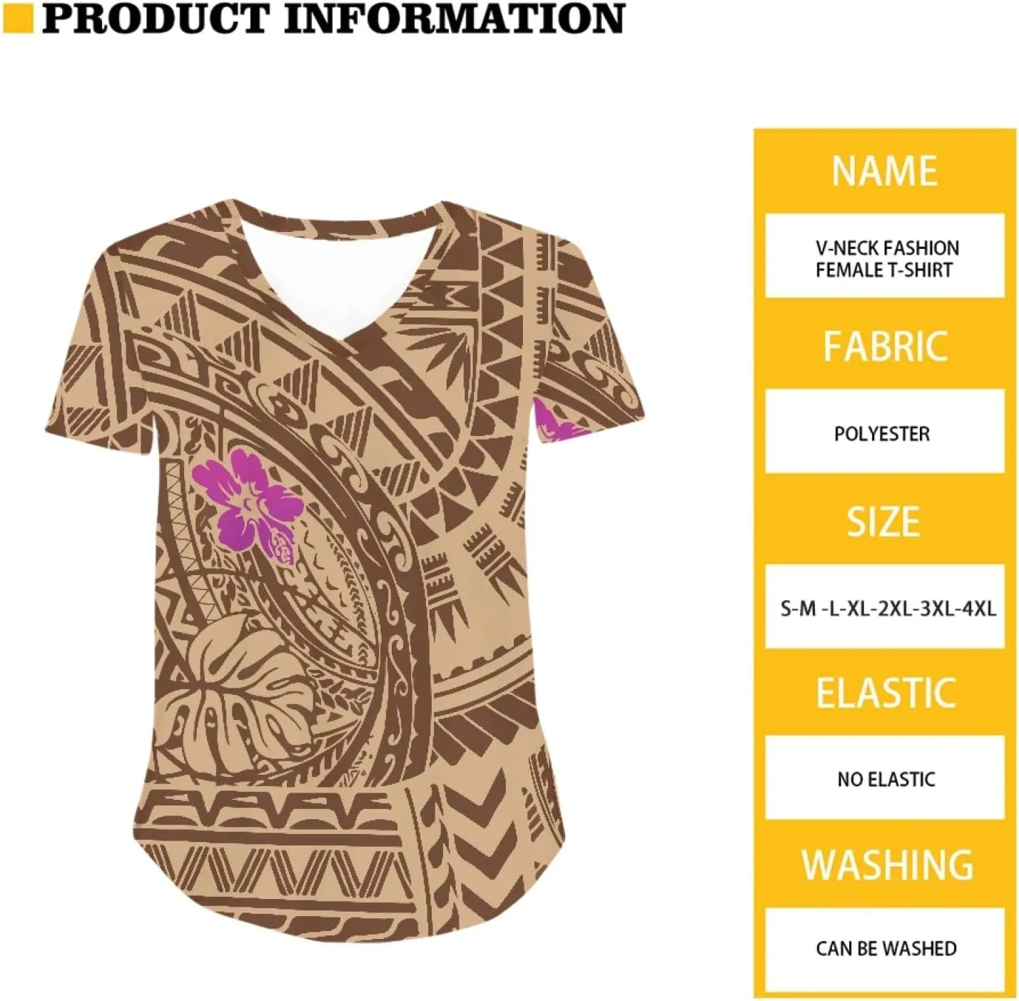 Womens Summer Tight Shirts Polynesian Tapa Printed Short Sleeve V Neck Casual T-Shirts