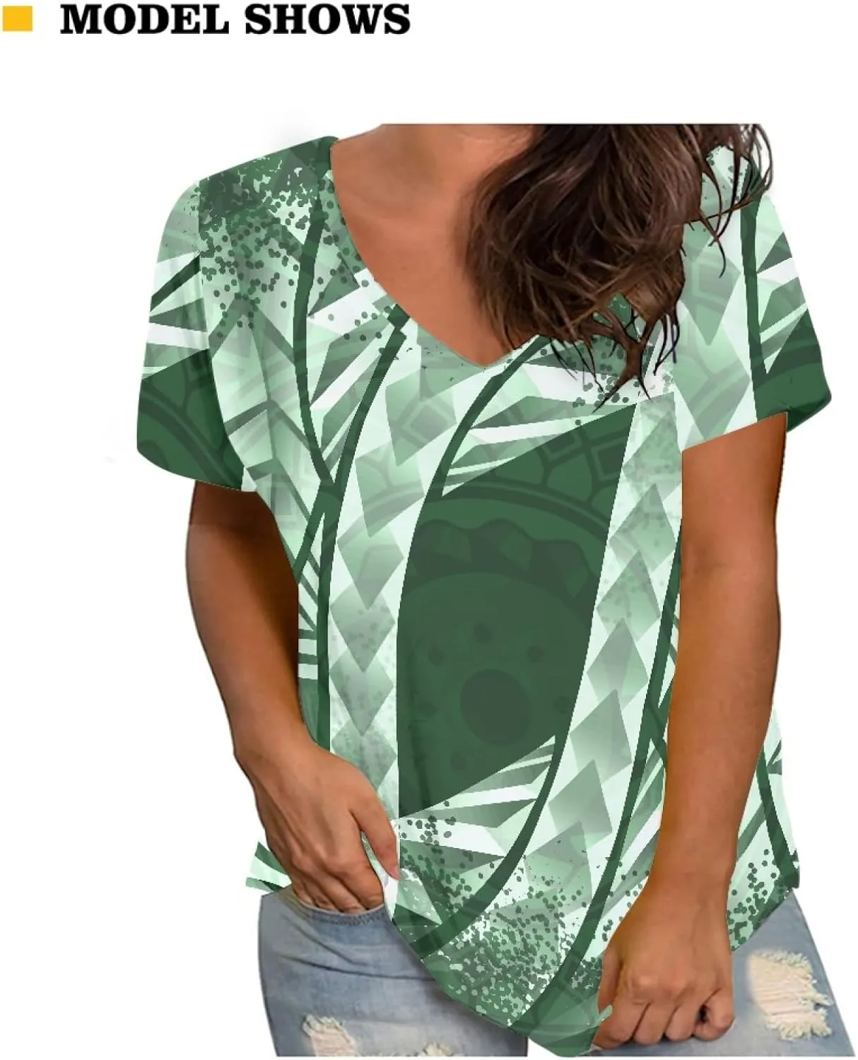 Womens Summer Tight Shirts Polynesian Tapa Printed Short Sleeve V Neck Casual T-Shirts