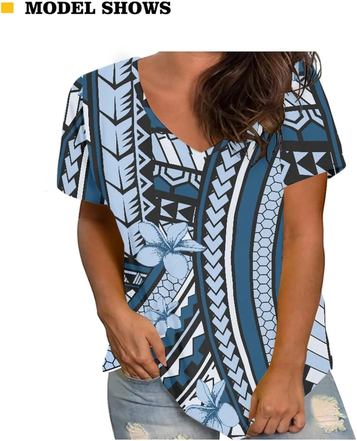 Womens Summer Tight Shirts Polynesian Tapa Printed Short Sleeve V Neck Casual T-Shirts
