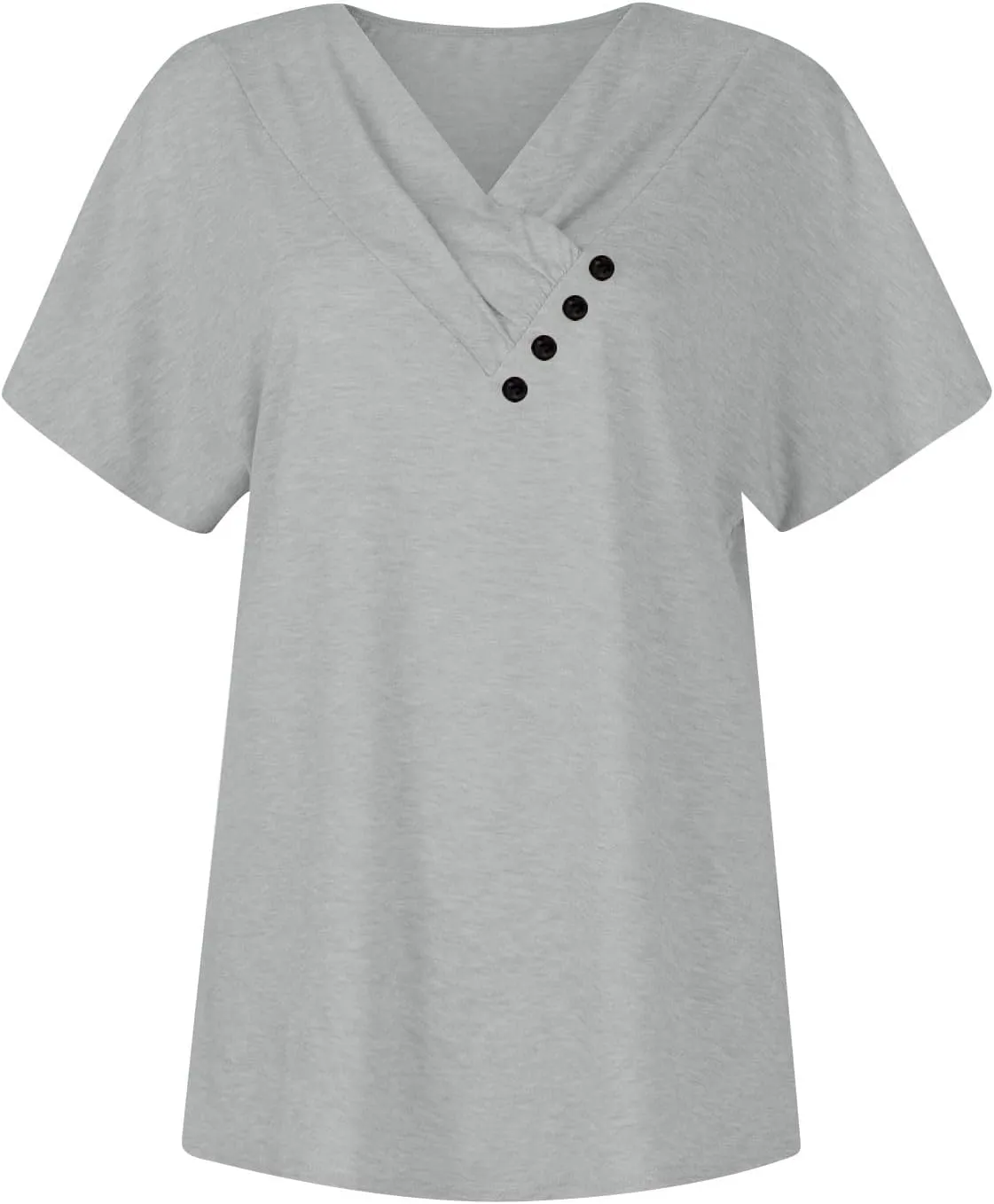 Womens Summer Tops 2024 Loose Pleated Button V-Neck Short Sleeve T Shirts Solid Color Trendy Tees Casual Tunics Clothing