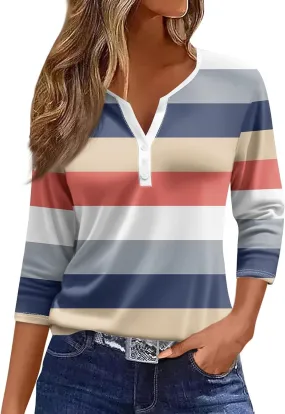 Womens Summer Tops, 3/4 Length V Neck Button Casual Blouses Loose Fit Basic Dressy Fashion Going Out Tee Shirt
