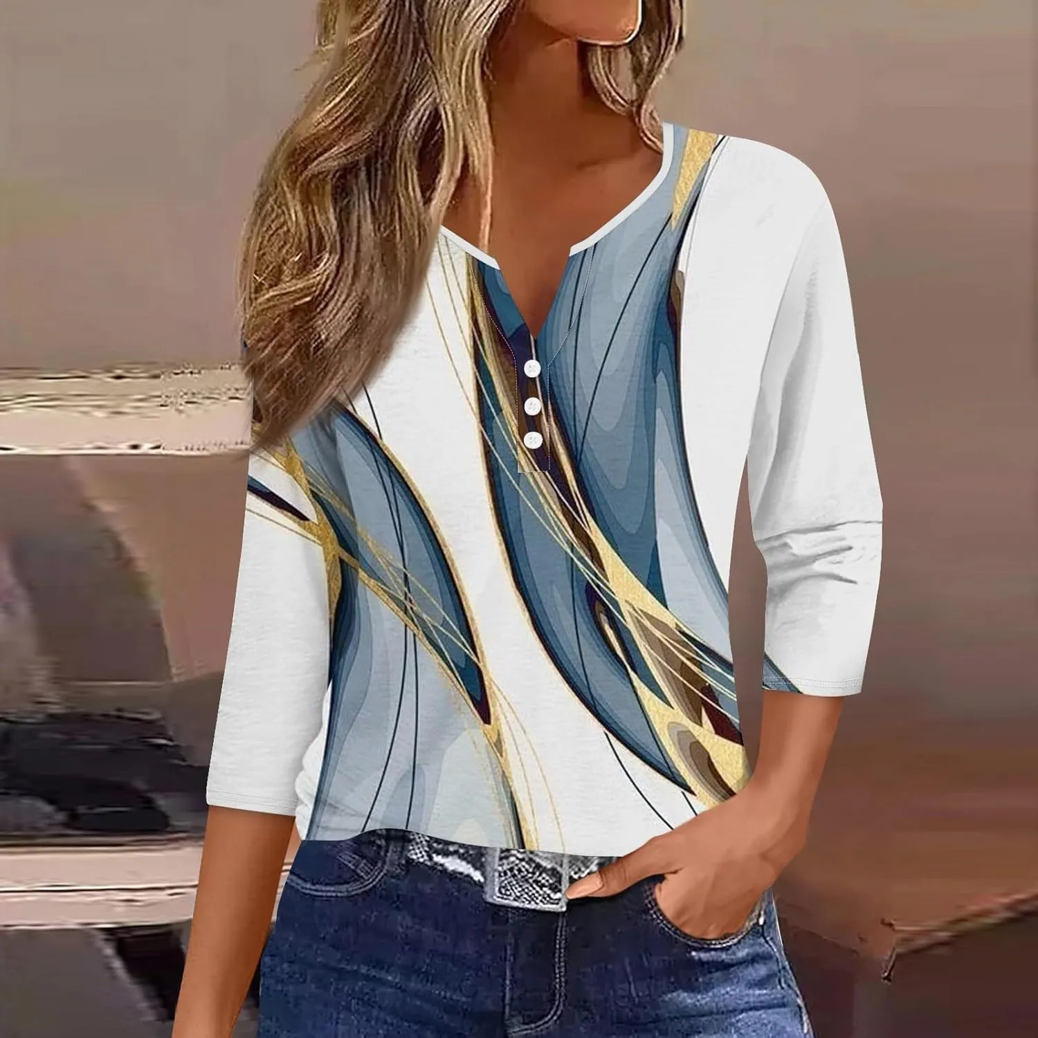 Womens Summer Tops, 3/4 Length V Neck Button Casual Blouses Loose Fit Basic Dressy Fashion Going Out Tee Shirt