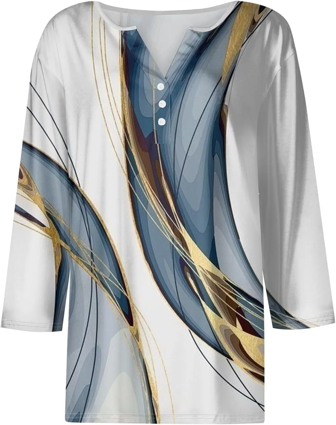 Womens Summer Tops, 3/4 Length V Neck Button Casual Blouses Loose Fit Basic Dressy Fashion Going Out Tee Shirt