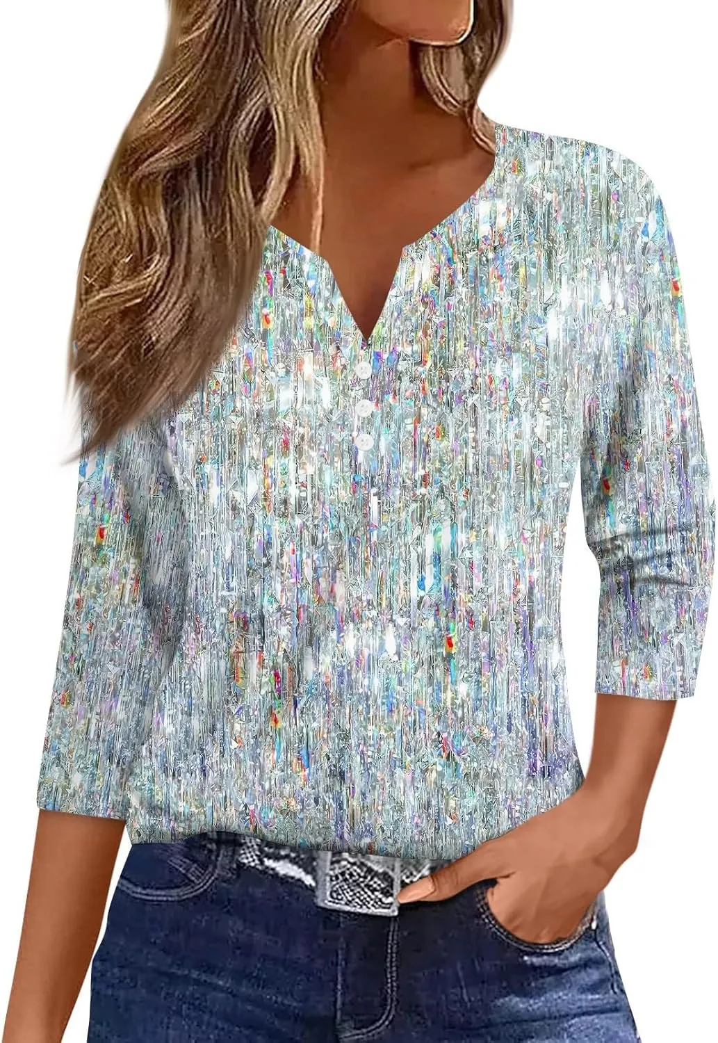 Womens Summer Tops, 3/4 Length V Neck Button Casual Blouses Loose Fit Basic Dressy Fashion Going Out Tee Shirt