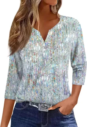 Womens Summer Tops, 3/4 Length V Neck Button Casual Blouses Loose Fit Basic Dressy Fashion Going Out Tee Shirt