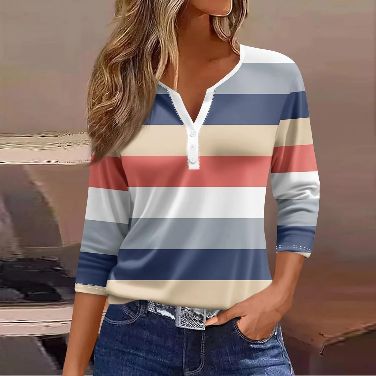 Womens Summer Tops, 3/4 Length V Neck Button Casual Blouses Loose Fit Basic Dressy Fashion Going Out Tee Shirt