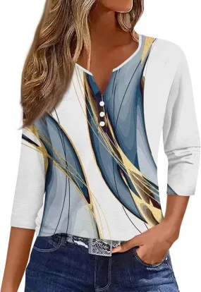 Womens Summer Tops, 3/4 Length V Neck Button Casual Blouses Loose Fit Basic Dressy Fashion Going Out Tee Shirt