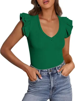 Womens Summer Tops Ruffle Short Sleeve Slim Fit Tshirts Sexy Deep V Neck Tank Top Going Out Casual Blouses