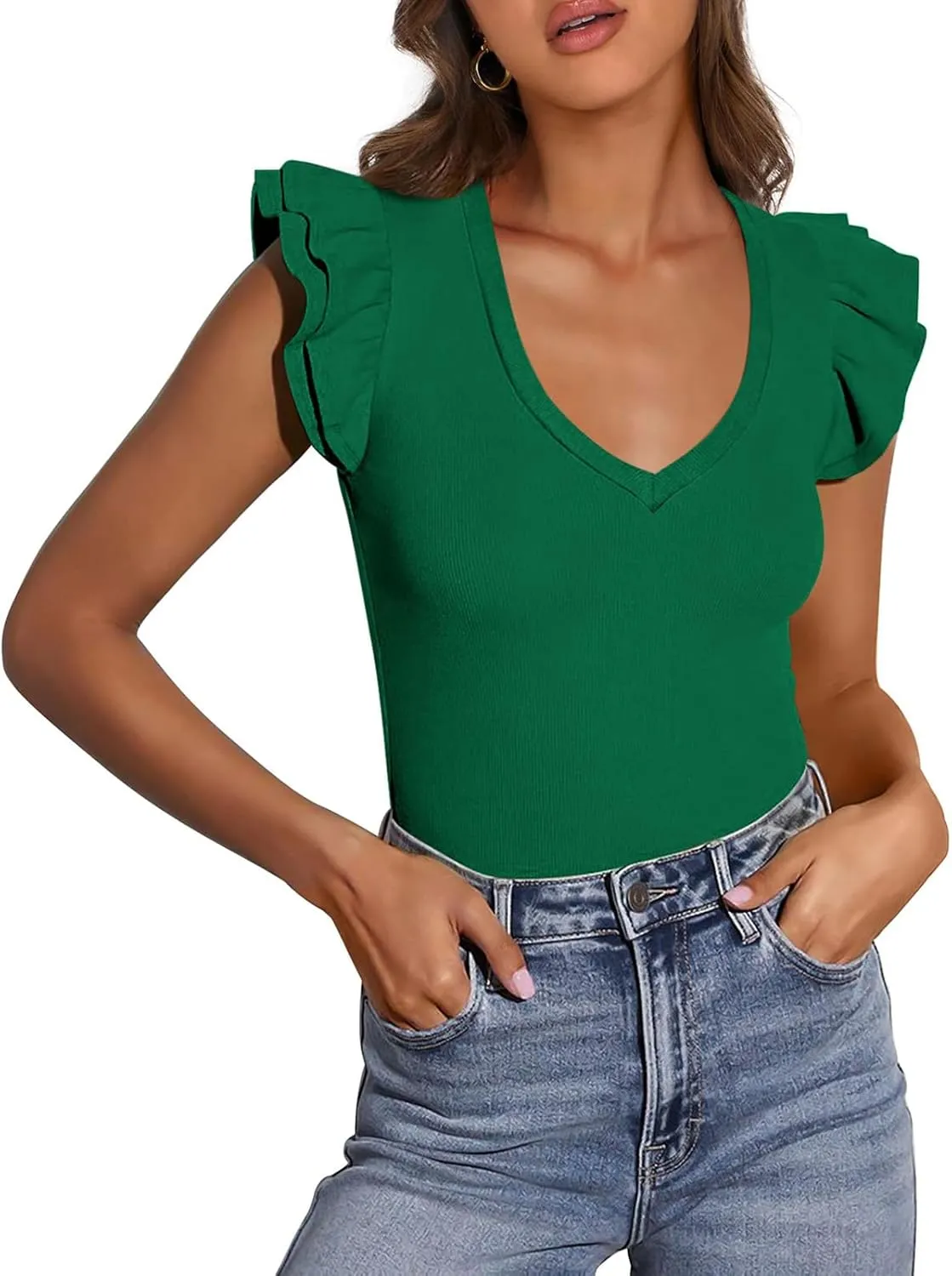 Womens Summer Tops Ruffle Short Sleeve Slim Fit Tshirts Sexy Deep V Neck Tank Top Going Out Casual Blouses