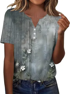 Womens Summer Tops Short Sleeve V Neck Henley Tops Floral Shirts Elegant Dressy Blouse Tunic Causal Loose Fit Tees