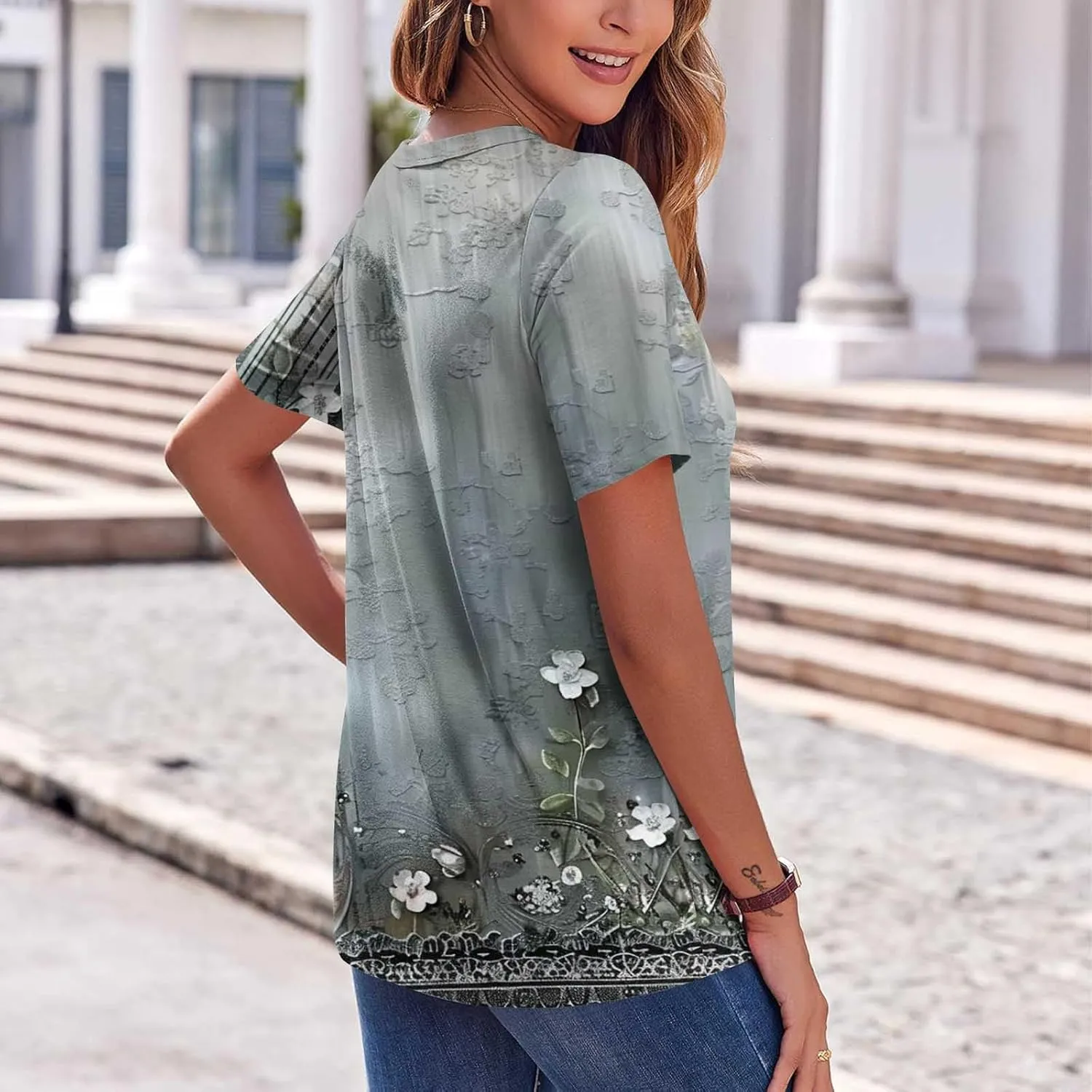 Womens Summer Tops Short Sleeve V Neck Henley Tops Floral Shirts Elegant Dressy Blouse Tunic Causal Loose Fit Tees