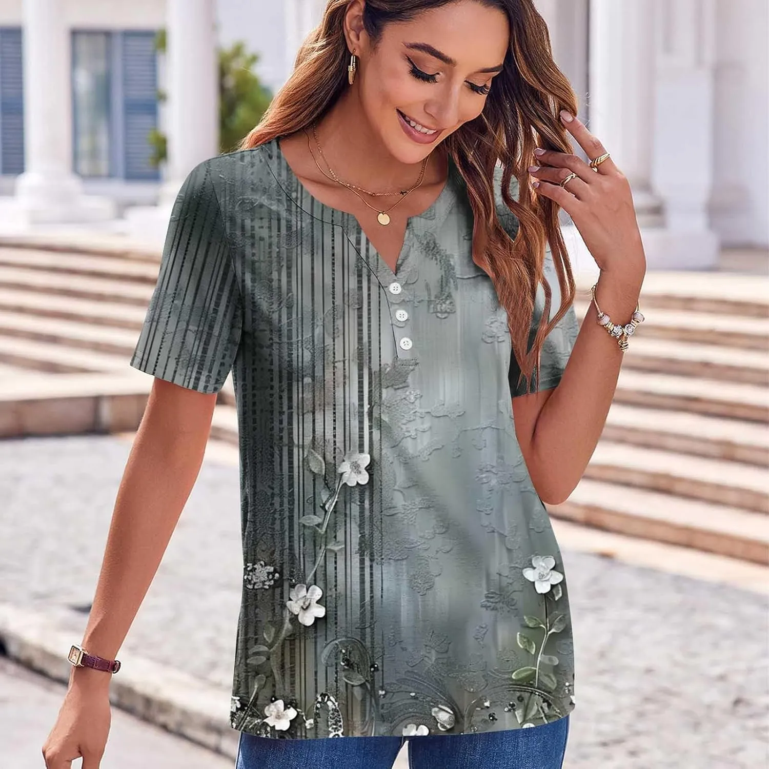 Womens Summer Tops Short Sleeve V Neck Henley Tops Floral Shirts Elegant Dressy Blouse Tunic Causal Loose Fit Tees