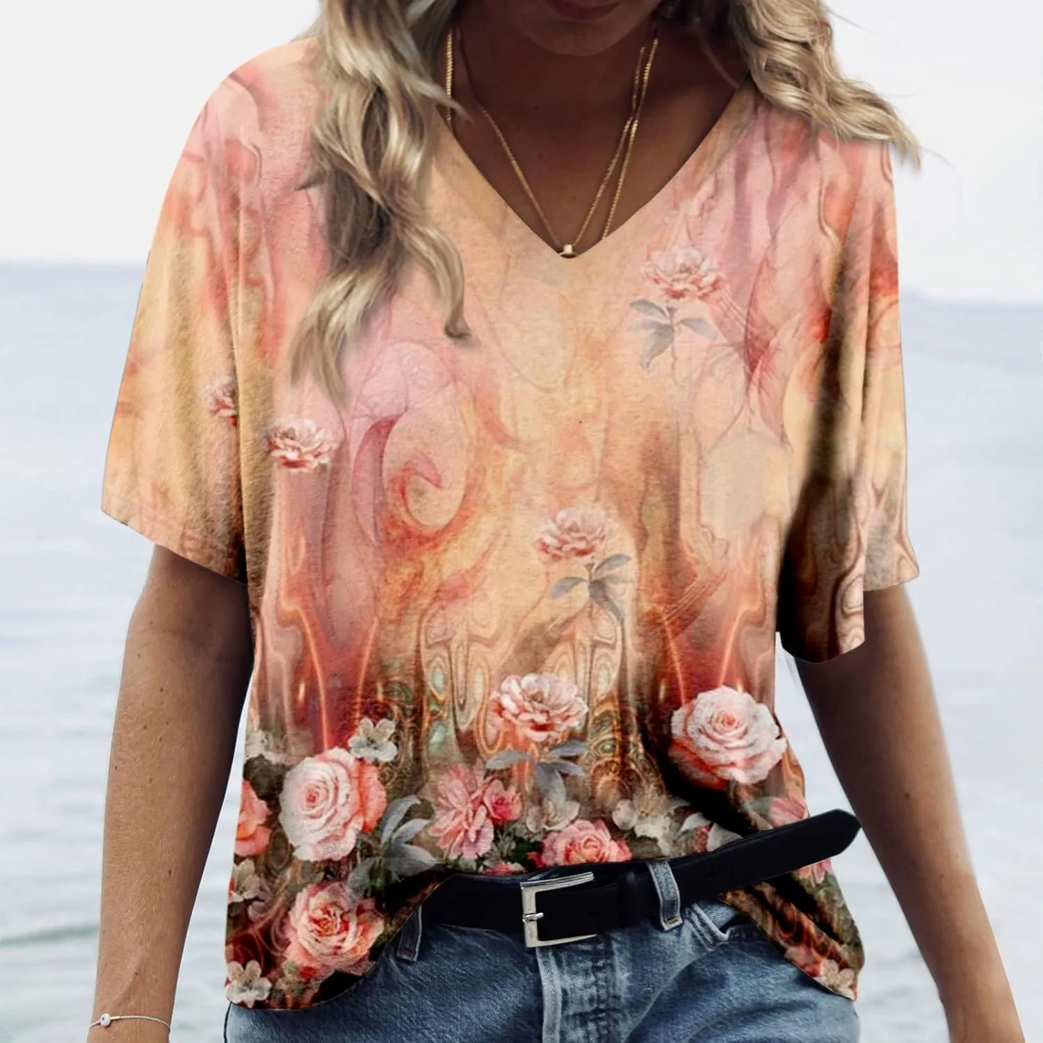 Womens Summer V Neck Tshirts Shirts Plus Size Short Sleeve Casual Tops Boho Floral Tees Loose Fit Blouse S-5X