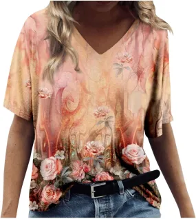 Womens Summer V Neck Tshirts Shirts Plus Size Short Sleeve Casual Tops Boho Floral Tees Loose Fit Blouse S-5X