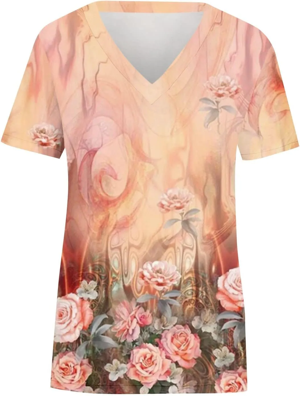 Womens Summer V Neck Tshirts Shirts Plus Size Short Sleeve Casual Tops Boho Floral Tees Loose Fit Blouse S-5X