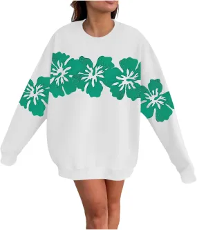 Womens Sweatshirt Floral Print Trendy Comfy Sweatshirts Drop Shoulder Long Sleeve Crewneck Casual Tshirts Clothing