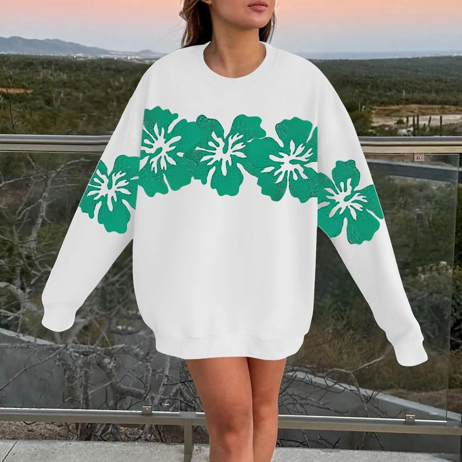 Womens Sweatshirt Floral Print Trendy Comfy Sweatshirts Drop Shoulder Long Sleeve Crewneck Casual Tshirts Clothing