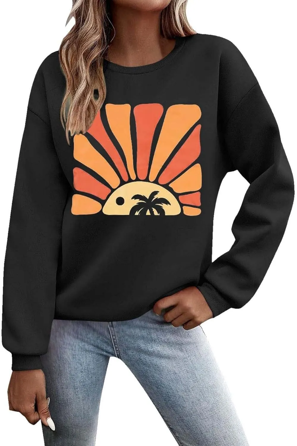 Womens Sweatshirt Graphic Print Trendy Casual Shirts Drop Shoulder Long Sleeve Crewneck Sweatshirts Outfits