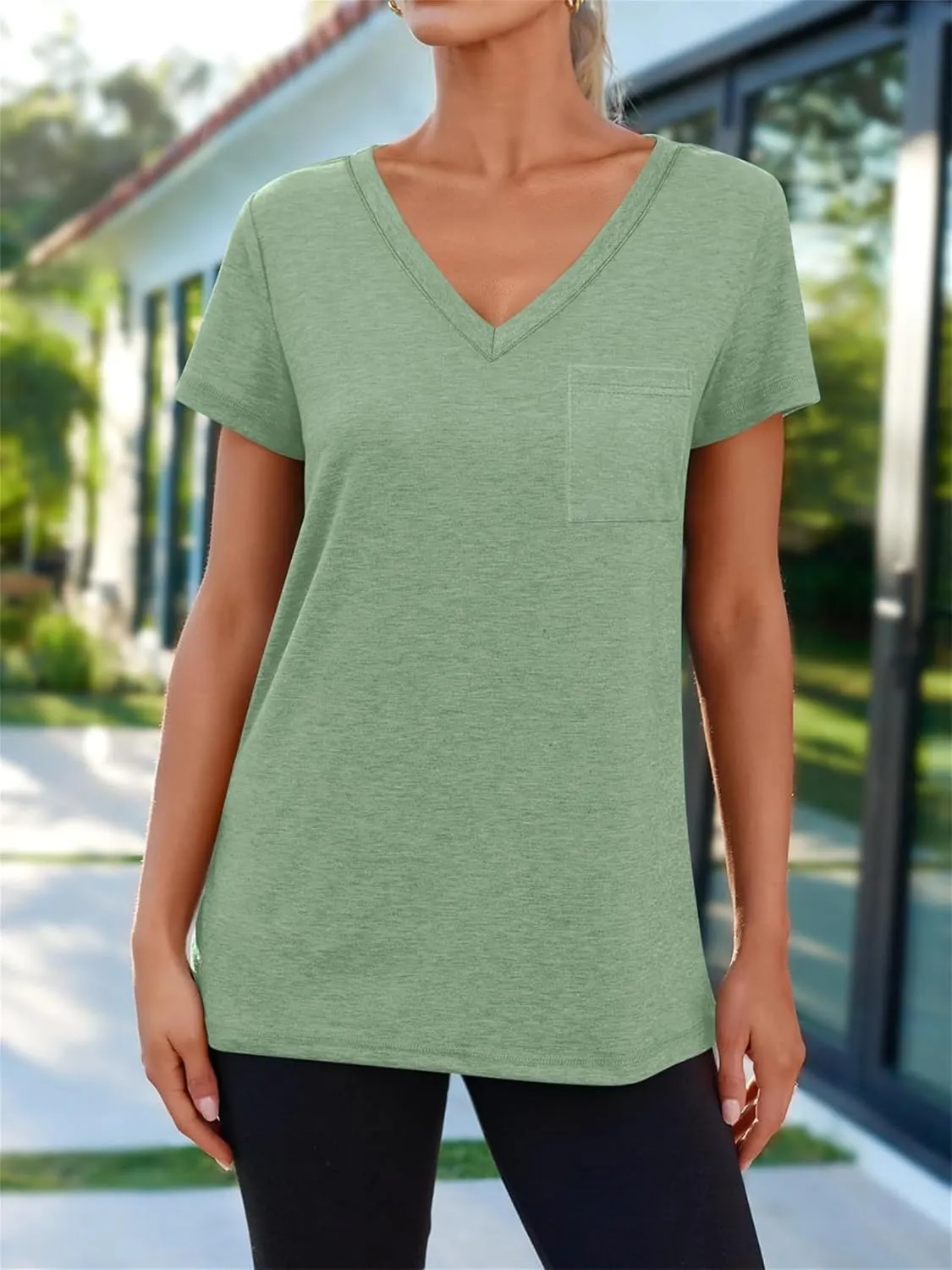 Womens T Shirts Short Sleeve V Neck Tops Loose Fit Summer Casual Tee Tops Fashion Trendy Soft Tee Shirt with Pocket