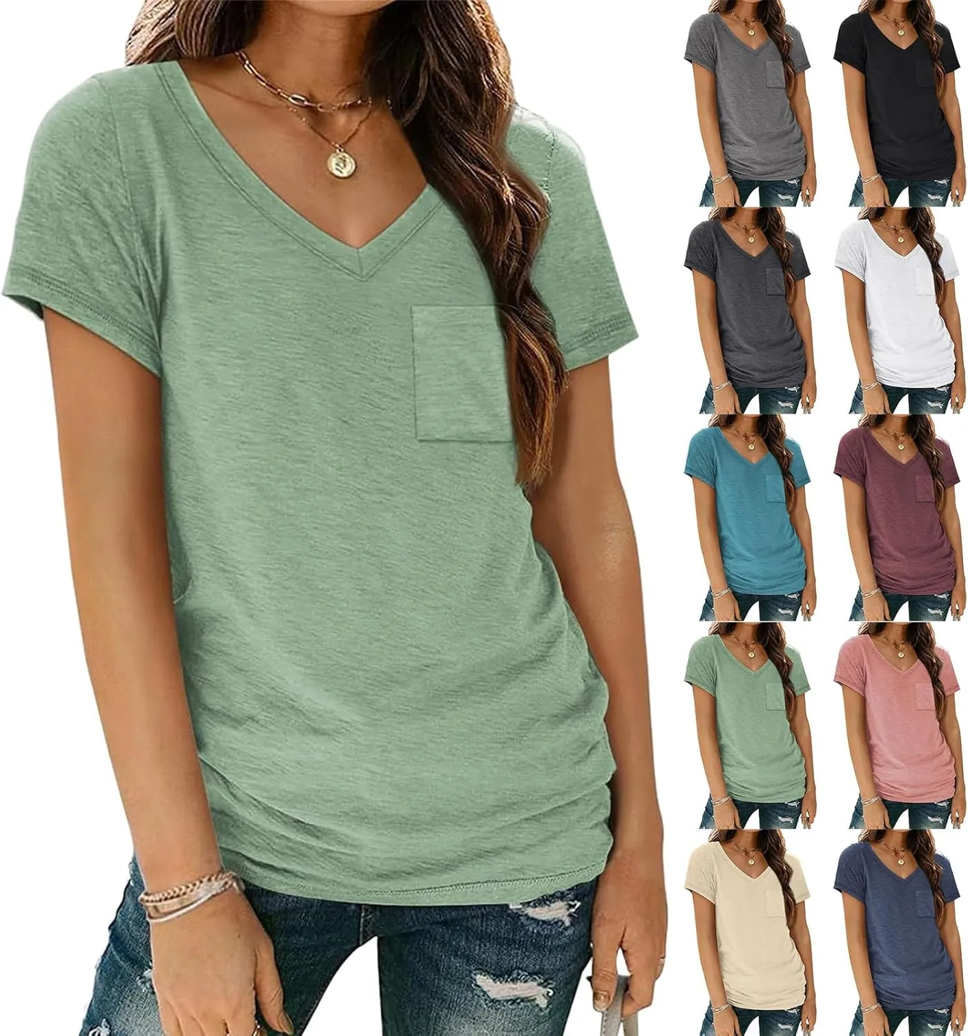 Womens T Shirts Short Sleeve V Neck Tops Loose Fit Summer Casual Tee Tops Fashion Trendy Soft Tee Shirt with Pocket