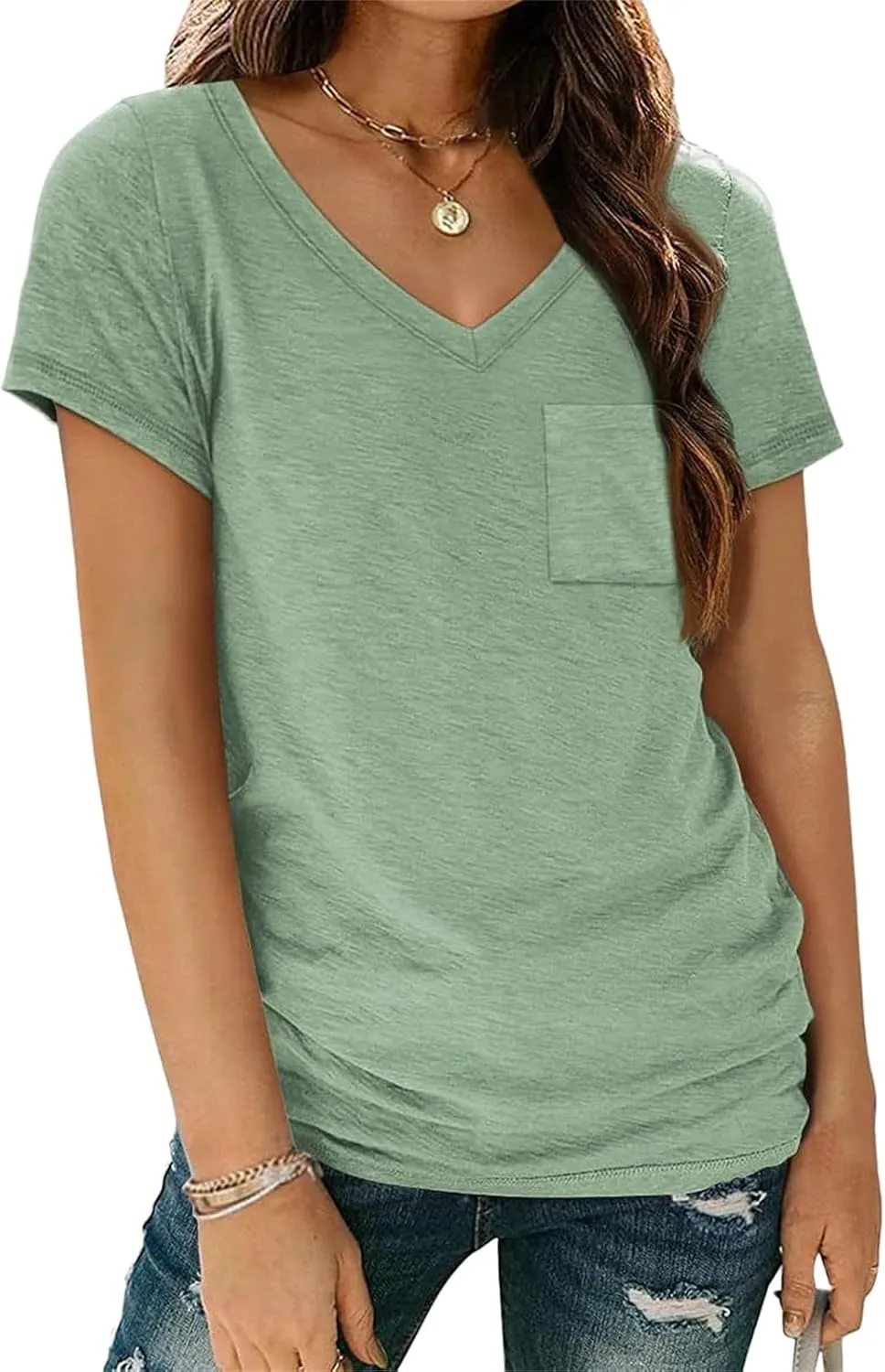 Womens T Shirts Short Sleeve V Neck Tops Loose Fit Summer Casual Tee Tops Fashion Trendy Soft Tee Shirt with Pocket