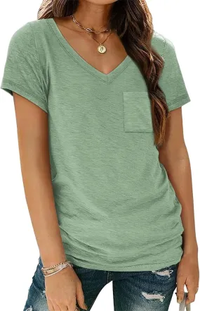 Womens T Shirts Short Sleeve V Neck Tops Loose Fit Summer Casual Tee Tops Fashion Trendy Soft Tee Shirt with Pocket