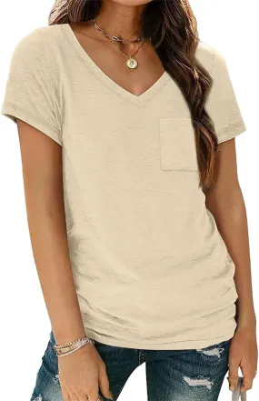 Womens T Shirts Short Sleeve V Neck Tops Loose Fit Summer Casual Tee Tops Fashion Trendy Soft Tee Shirt with Pocket
