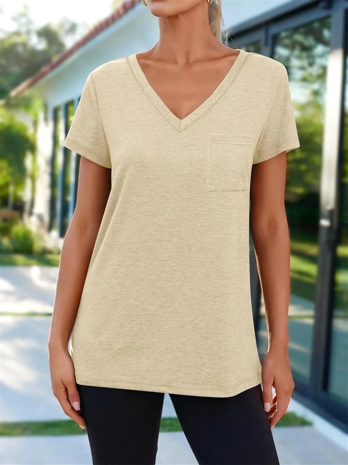 Womens T Shirts Short Sleeve V Neck Tops Loose Fit Summer Casual Tee Tops Fashion Trendy Soft Tee Shirt with Pocket