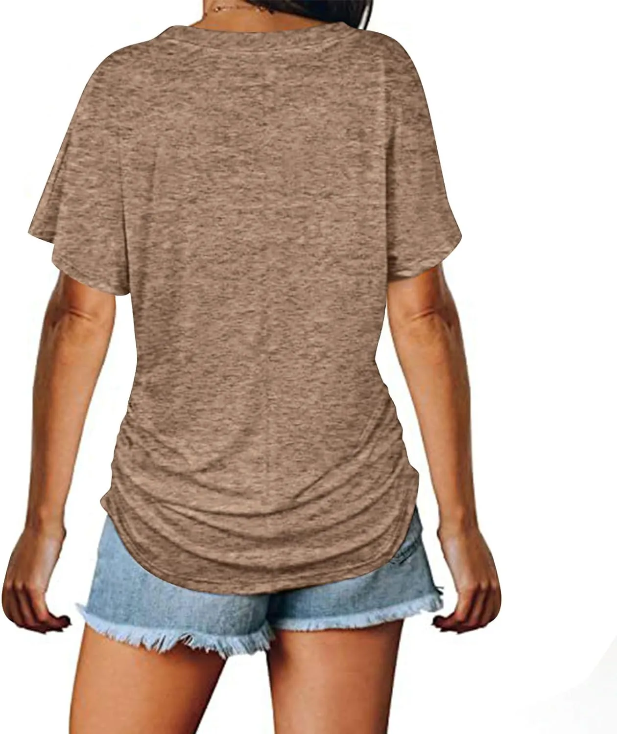Women's T Shirts V Neck Casual Tees Short Sleeve Tops Ruched Side Summer Shirts Loose Fit T Shirts Comfy Blouses