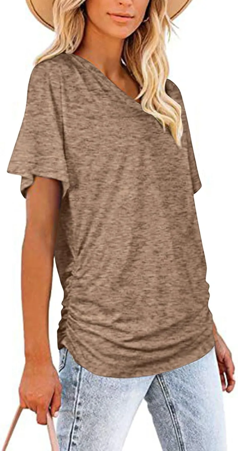 Women's T Shirts V Neck Casual Tees Short Sleeve Tops Ruched Side Summer Shirts Loose Fit T Shirts Comfy Blouses