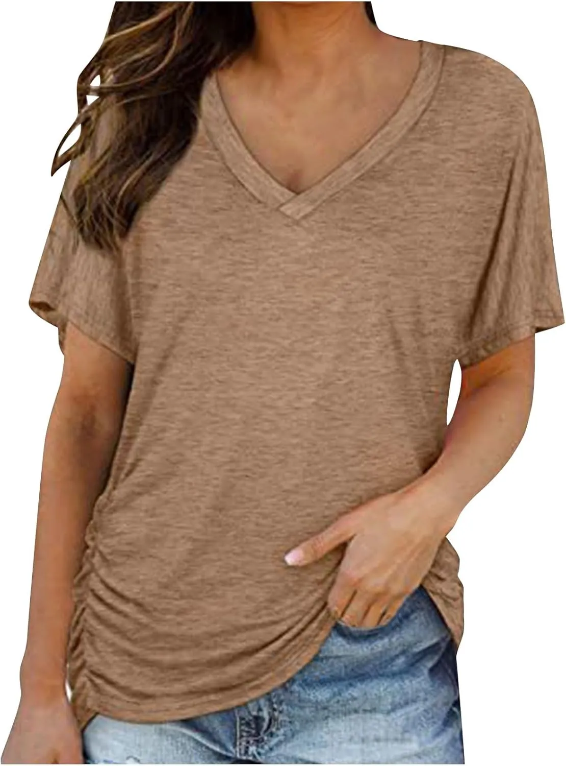 Women's T Shirts V Neck Casual Tees Short Sleeve Tops Ruched Side Summer Shirts Loose Fit T Shirts Comfy Blouses