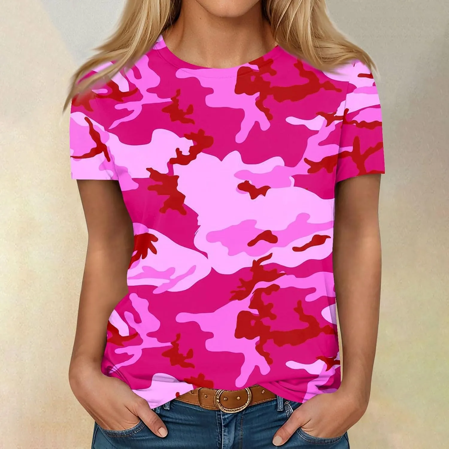 Womens Tops 2025 Summer Crew Neck Short Sleeved Camouflage T-Shirt Oversized Loose Casual Shirt Funny Graphic Tee