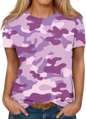 Womens Tops 2025 Summer Crew Neck Short Sleeved Camouflage T-Shirt Oversized Loose Casual Shirt Funny Graphic Tee