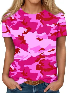 Womens Tops 2025 Summer Crew Neck Short Sleeved Camouflage T-Shirt Oversized Loose Casual Shirt Funny Graphic Tee