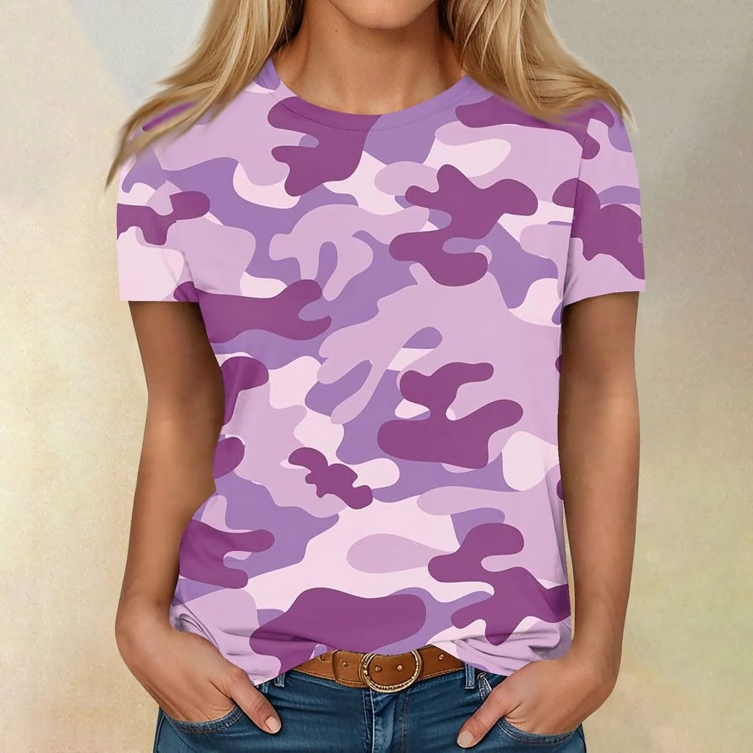 Womens Tops 2025 Summer Crew Neck Short Sleeved Camouflage T-Shirt Oversized Loose Casual Shirt Funny Graphic Tee