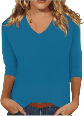 Womens Tops 3/4 Sleeve Summer Solid Plain Travel Cute Tops V Neck Slim Fit Half Sleeve Tshirts Fitted Pajama Set Women