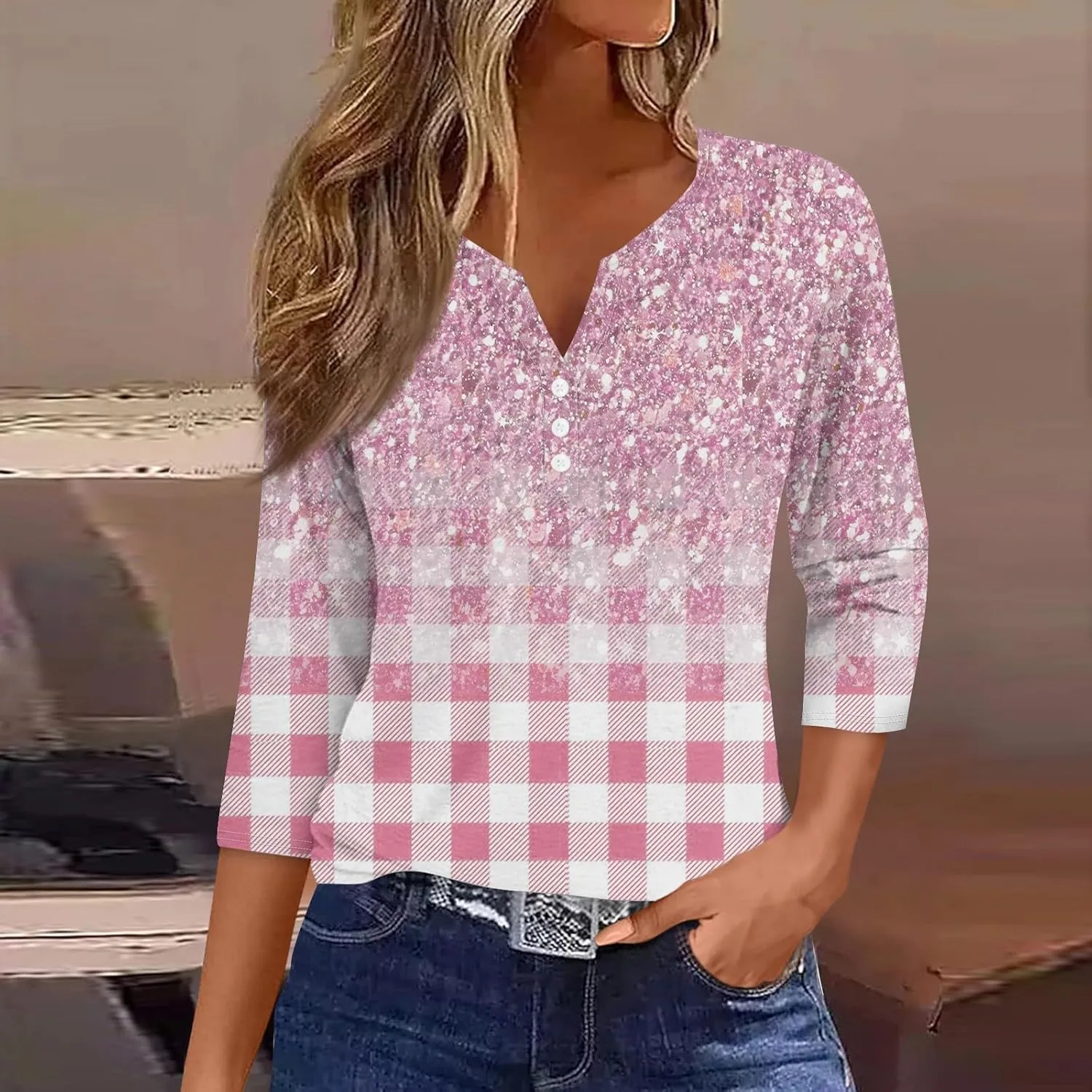 Womens Tops Dressy Casual 3/4 Sleeve Spring Fashion 2025 Button Down Henley Shirts Floral Print Blouse