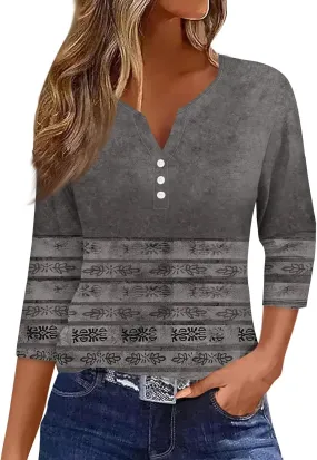 Womens Tops Dressy Casual 3/4 Sleeve Spring Fashion 2025 Button Down Henley Shirts Floral Print Blouse