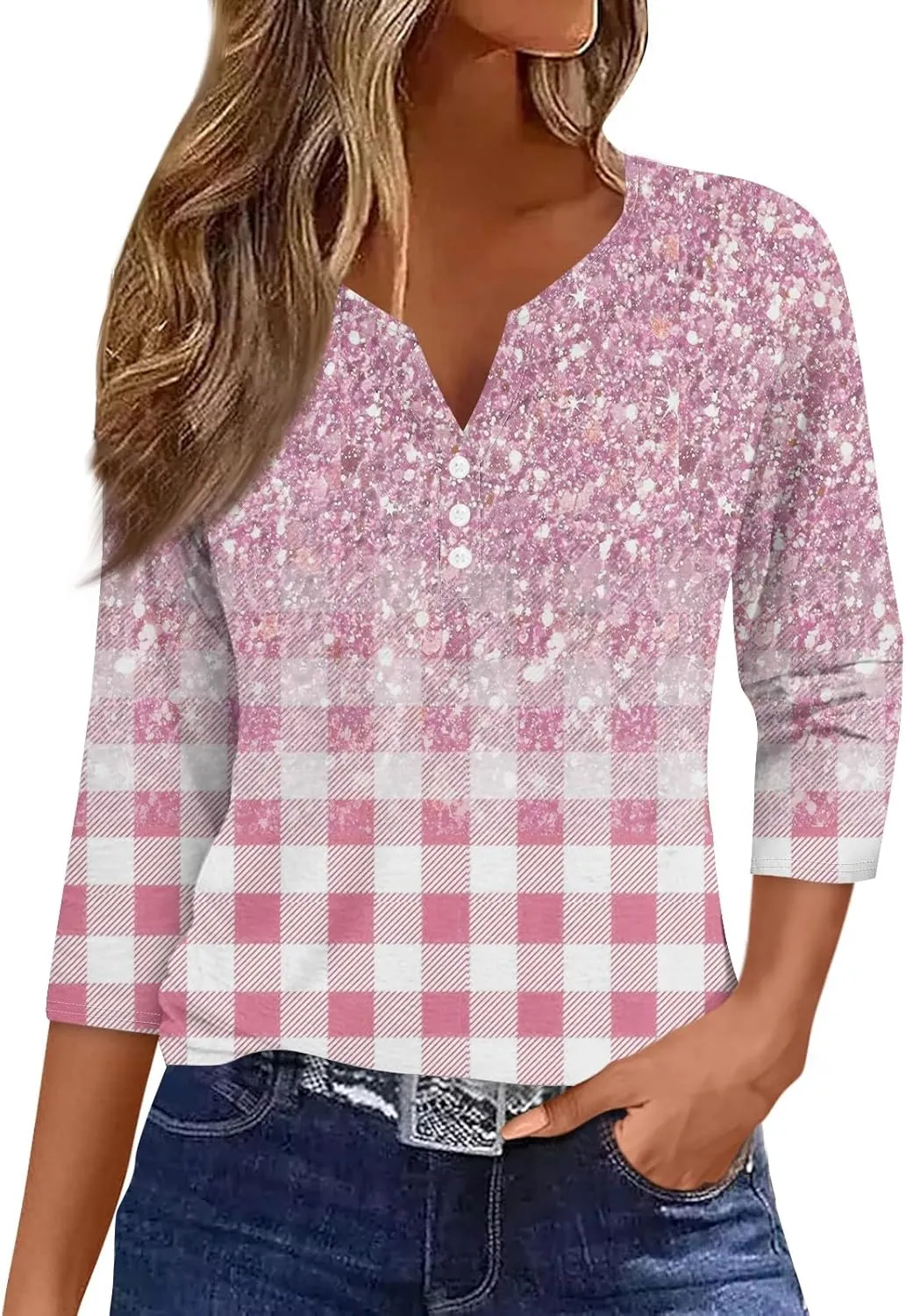 Womens Tops Dressy Casual 3/4 Sleeve Spring Fashion 2025 Button Down Henley Shirts Floral Print Blouse