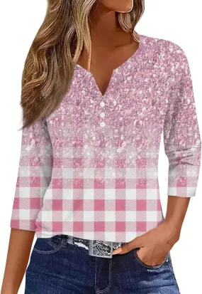 Womens Tops Dressy Casual 3/4 Sleeve Spring Fashion 2025 Button Down Henley Shirts Floral Print Blouse
