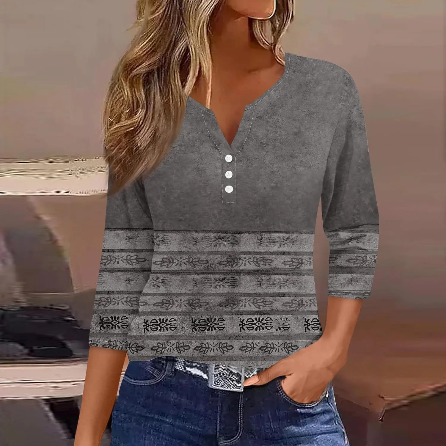 Womens Tops Dressy Casual 3/4 Sleeve Spring Fashion 2025 Button Down Henley Shirts Floral Print Blouse