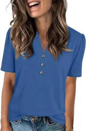 Womens Tops Summer Women's Casual Trendy V Neck Button Down Short Sleeve Business Casual Basic Tee Loose Fit Tshirts