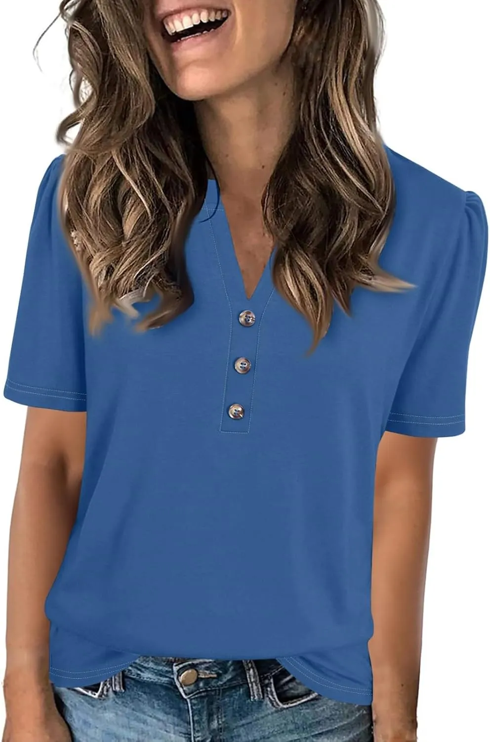 Womens Tops Summer Women's Casual Trendy V Neck Button Down Short Sleeve Business Casual Basic Tee Loose Fit Tshirts
