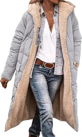 Womens Warm Winter Puffer Hooded Puffer Jacket Lightweight Winter Coat Womens sherpa Fleece Lined Long Jackets