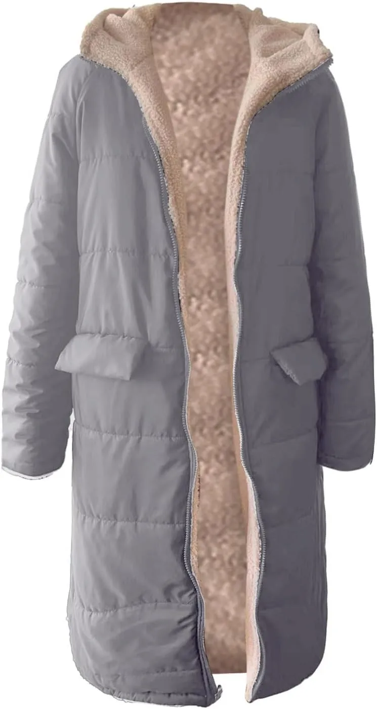Womens Warm Winter Puffer Hooded Puffer Jacket Lightweight Winter Coat Womens sherpa Fleece Lined Long Jackets